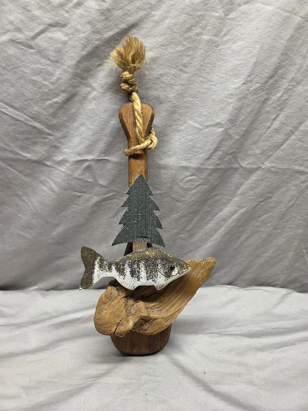 Handcrafted Driftwood Fish Ornament with Green Tree Accent